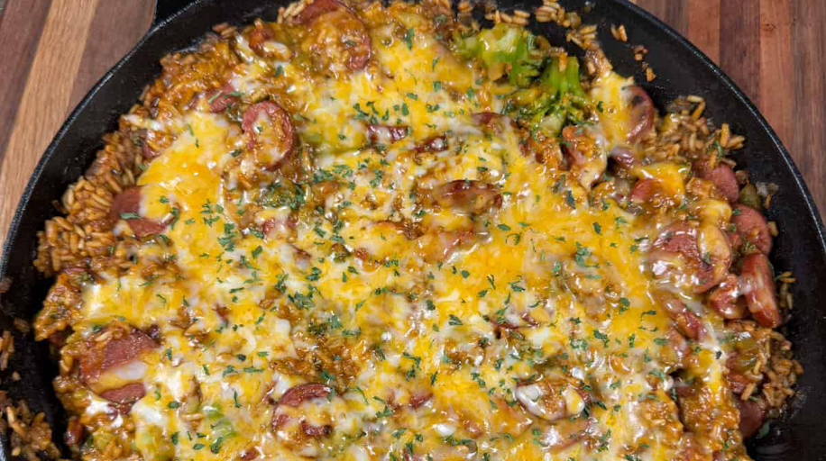 Cheesy Smoked Sausage and Rice Skillet