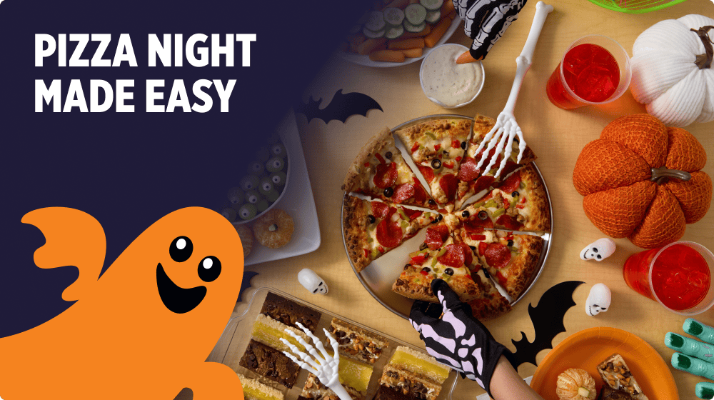 Pizza Night Made Easy — pizza, desserts, and Halloween-themed party treats