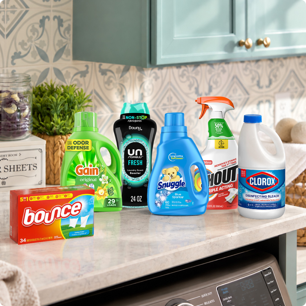 Laundry Essentials — Bounce, Gain, Downy Unstopables, Snuggle, Shout and Clorox