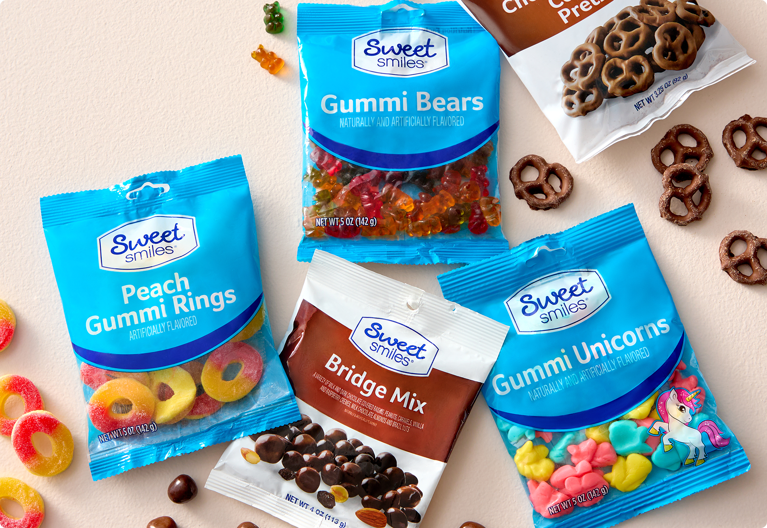 Sweet Smiles — Gummi Bears, Peach Gummi Rings, Gummi Unicorns, Bridge Mix and chocolate pretzels