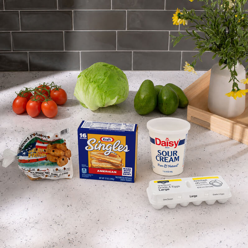 Meal Prep Favorites — fresh vegetables, potatoes, eggs, cheese and sour cream for easy meal preparation