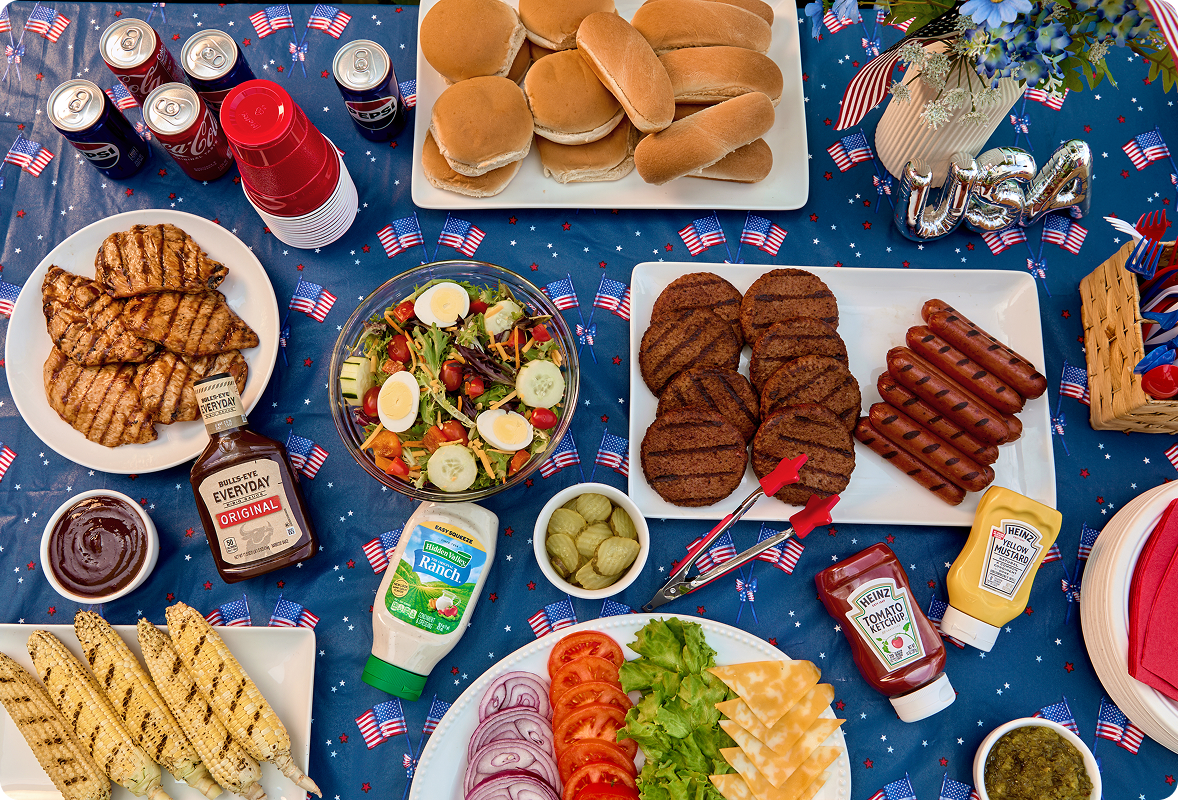 Celebrate the 4th — grilled foods, burgers, hot dogs, corn, and picnic sides for a holiday cookout