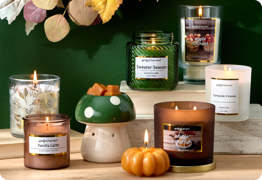 Primitives by Kathy Sweater Season, Apple Orchard, Pumpkin Vanilla, Vanilla Latte, and Cozy Harvest candles