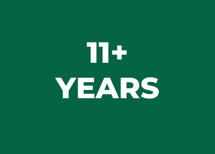 Green card with "11 + years" in white text