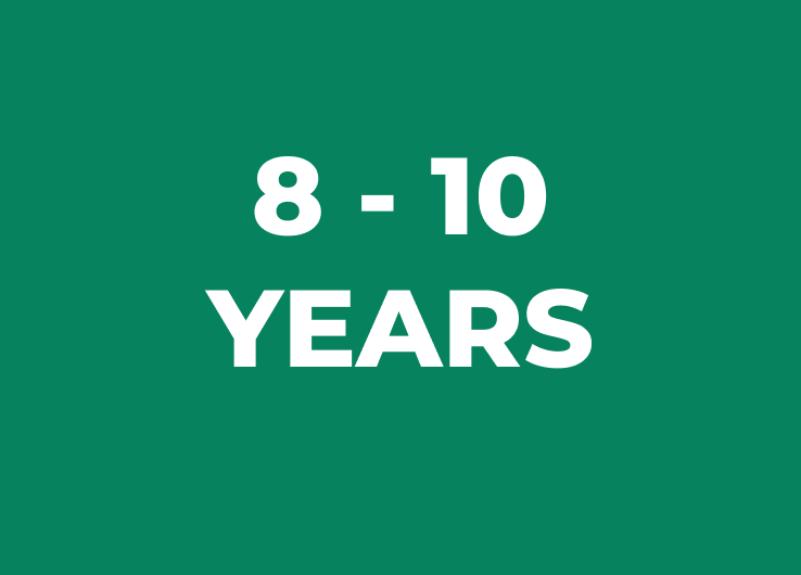 Green card with "8-10 years" in white text
