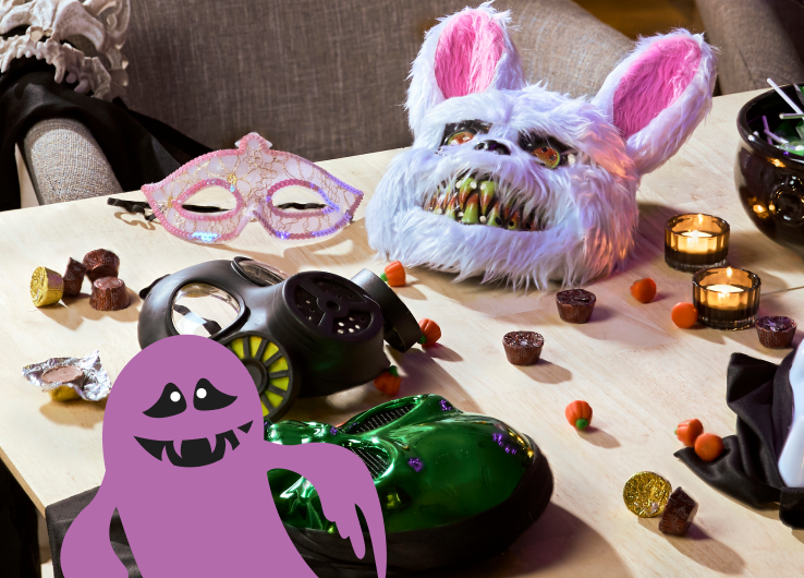 Halloween costumes and accessories including rabbit mask, gas mask and masquerade mask