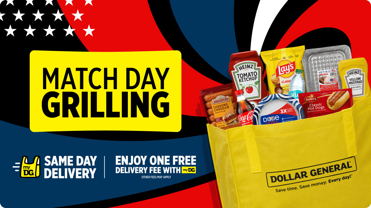 Dollar General game day grilling bundle with hot dogs, condiments, chips, and barbecue essentials in branded tote bag against patriotic background