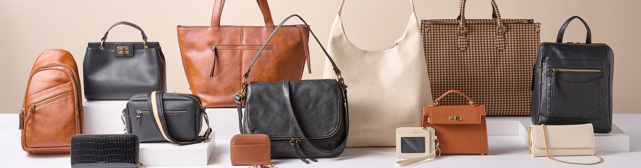 Collection of handbags, purses & wallets in brown, black, and white colors from pOpshelf.
