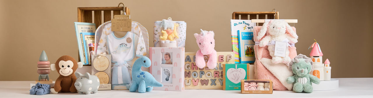Popular baby books, beige wooden toys and blocks, stuffed animals & more.