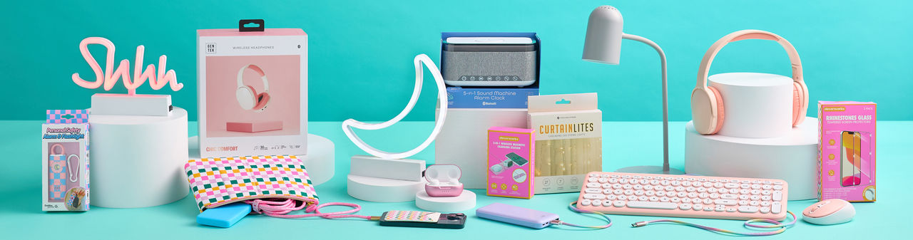 Back-to-school electronics: "neon" signs, desk lamp, keyboard & mouse, headphones, earpods, digital alarm clock, and cellphone cables & accessories.
