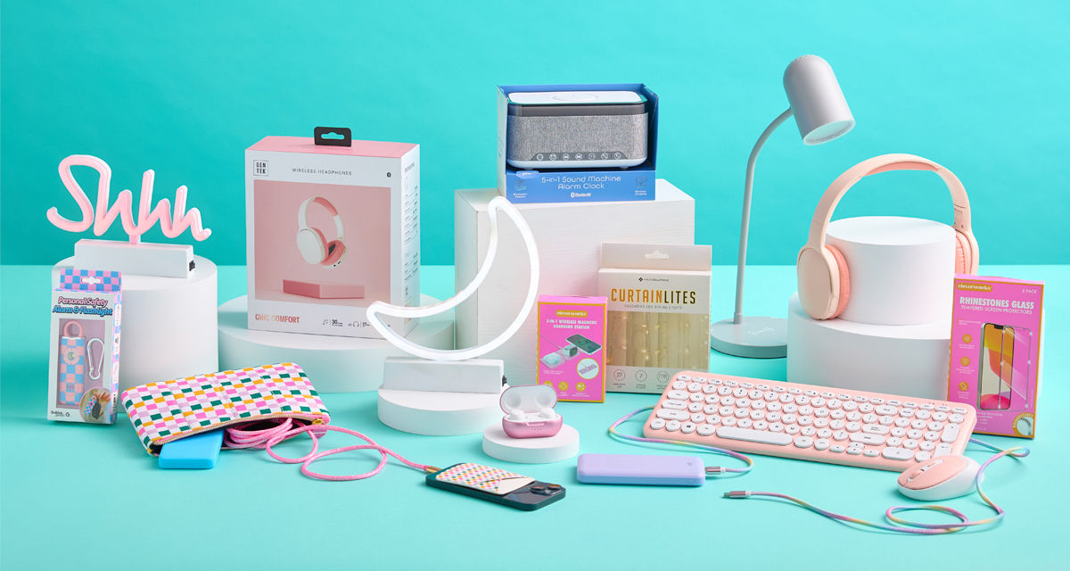 Back-to-school electronics: "neon" signs, desk lamp, keyboard & mouse, headphones, earpods, digital alarm clock, and cellphone cables & accessories.