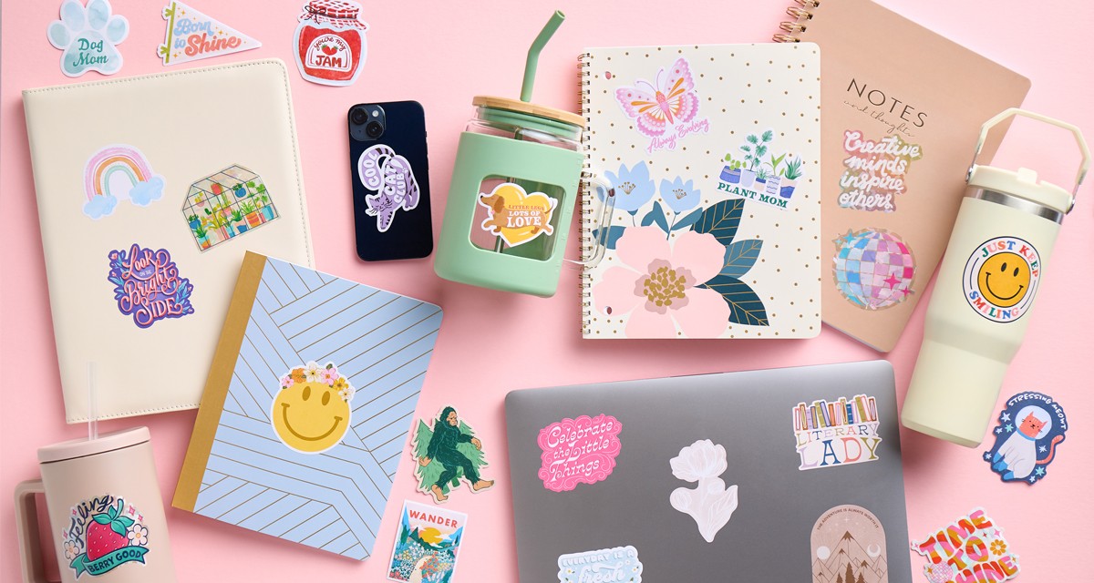 Personalize your notebooks, cups, laptop & more with cool die-cut stickers: rainbow, cool cat, plant mom, smiley face, rose, puppy & more.
