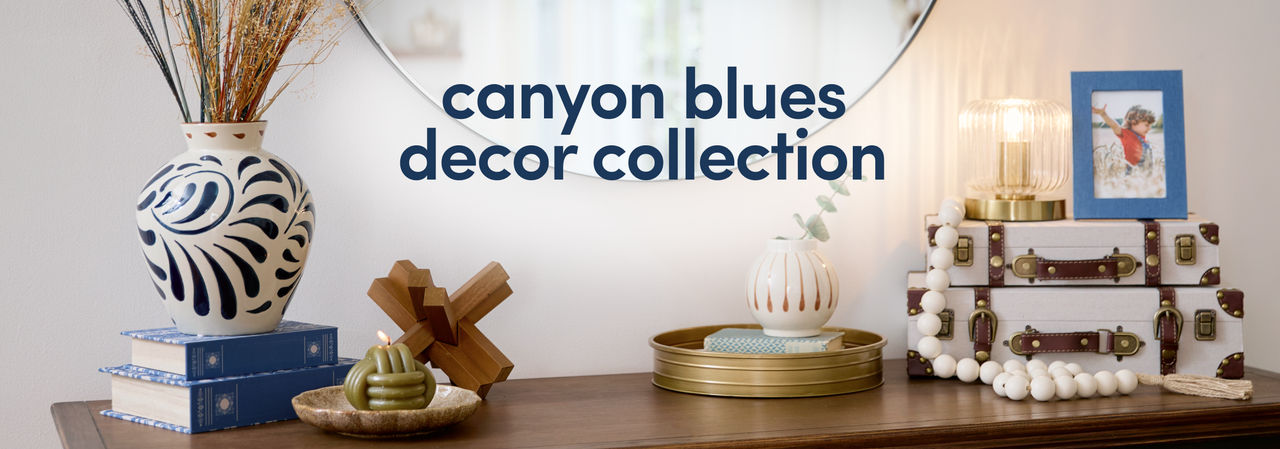 Shop our canyon blues decor collection — a marriage of blues and neutrals with a touch of desert charm.