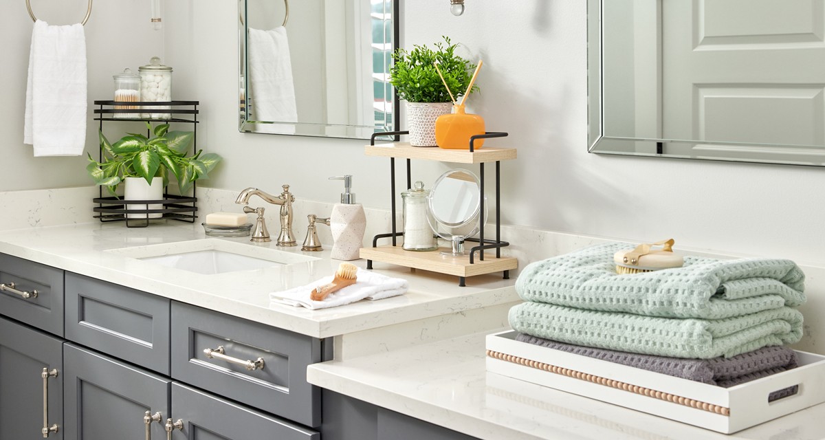 Bathroom with towels, bath accessories, and decor from pOpshelf.