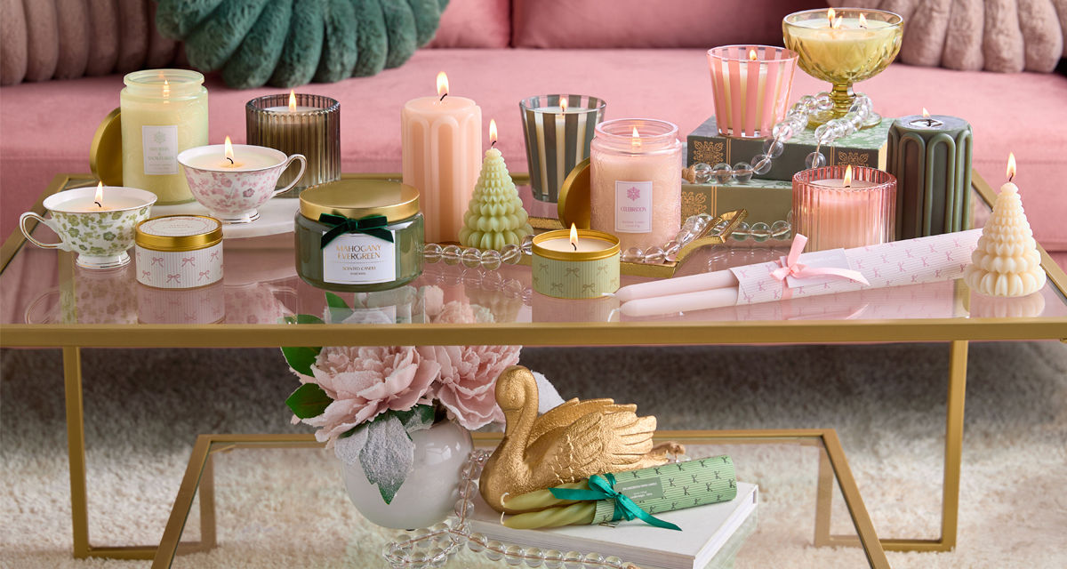 Spring candles and fragrances from pOpshelf: scented container candles, tin candles, candlesticks, and reed diffusers.