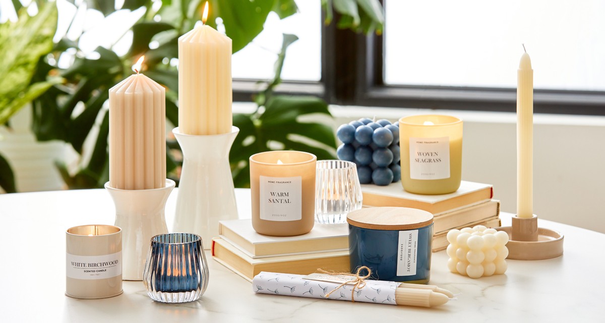 Tin filled candles, poured glass jar candles, candlesticks, pillar candles, shaped decorative candles, and glass candleholders in various sizes and colors from pOpshelf.