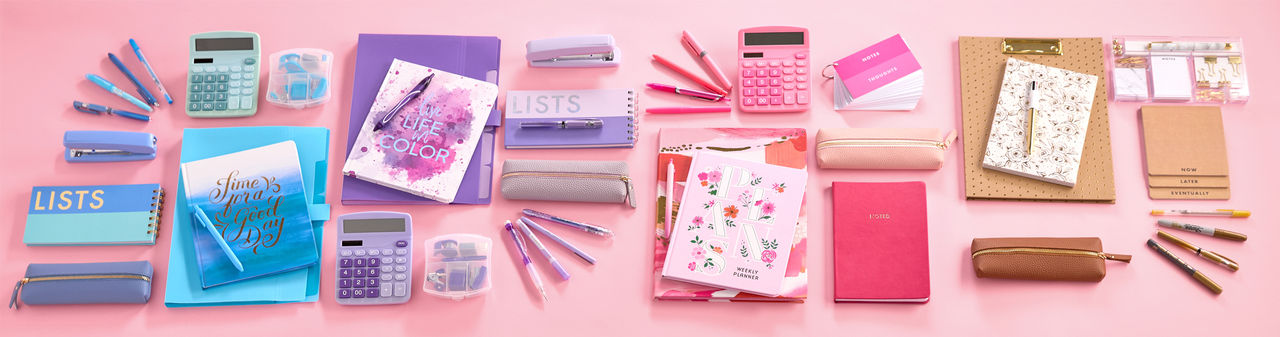 Notebooks, journals, notepads, calculators, and pens in a rainbow of colors and styles from pOpshelf.