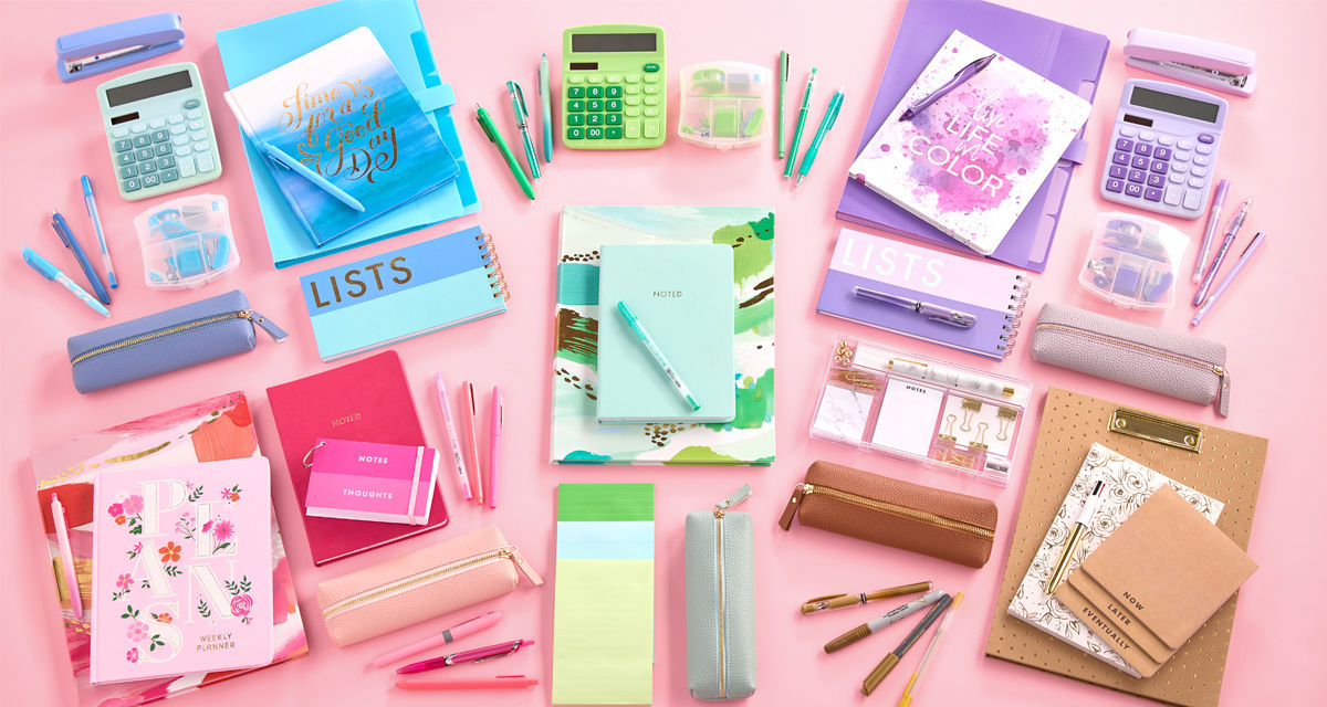 Notebooks, journals, notepads, calculators, and pens in a rainbow of colors and styles from pOpshelf.