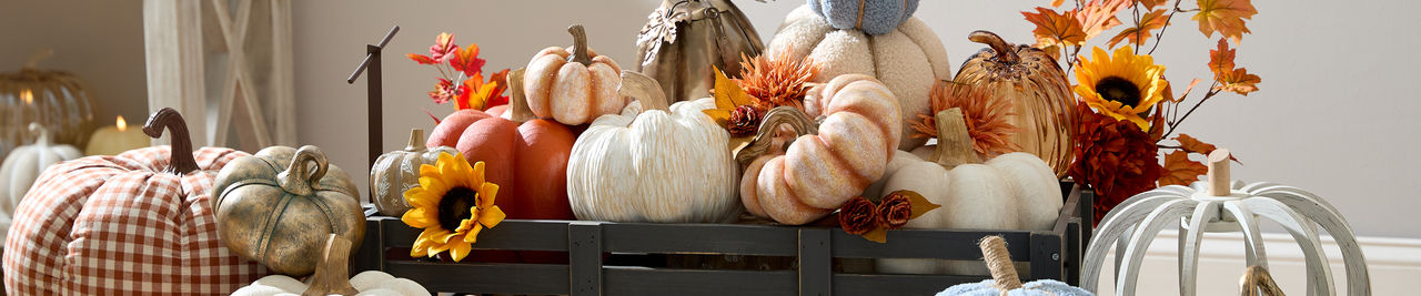Pumpkins from pOpshelf in various sizes, textures, and colors in a wagon on a porch.