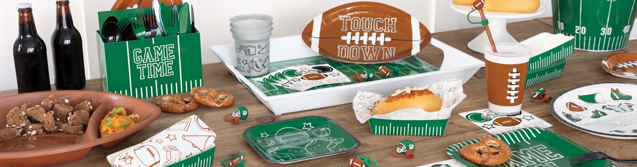 Big Game party supplies: "Touch Down" football party plates, football cups, napkins & platter, big game football flag banner, hot dog containers & more.