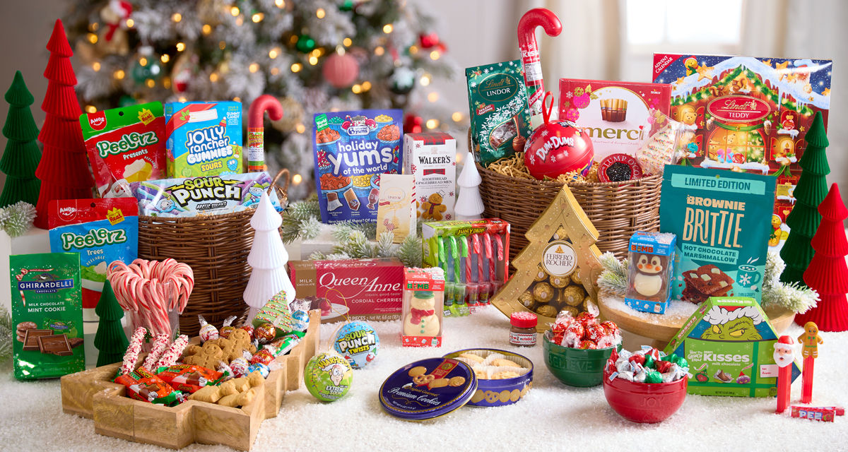 Christmas candy, treats & snacks: Holiday Yums, Peelerz, Lindor Lindt, Ghiradelli, and Ferrero Rocher chocolates, Hershey's kisses, PEZ candy, candy canes, merci chocolates, cookie pops & more.