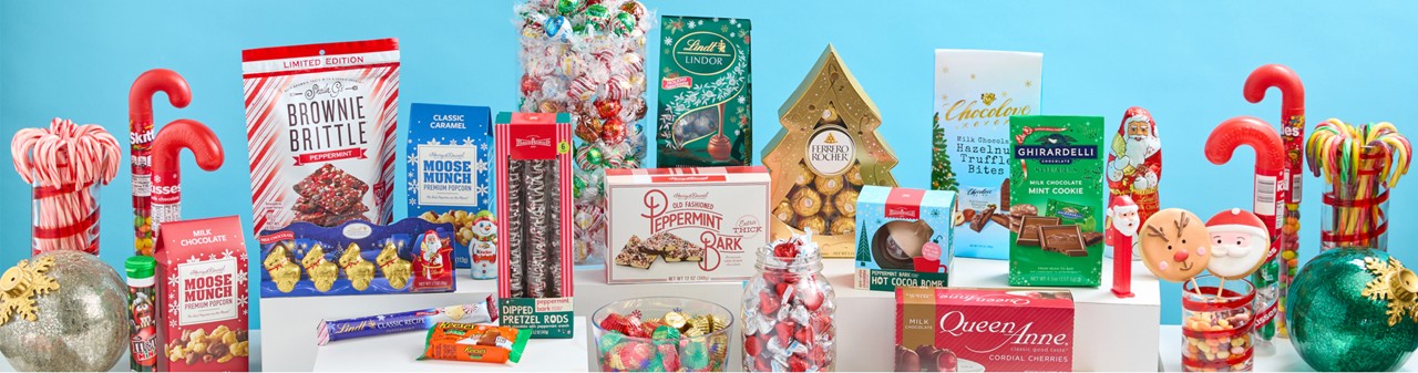 Christmas candy, treats & snacks: Reese's Trees, Lindor Lindt, Ghiradelli, and Ferrero Rocher chocolates, PEZ candy, candy canes,  Moose Munch, peppermint bark, cookie pops & more,