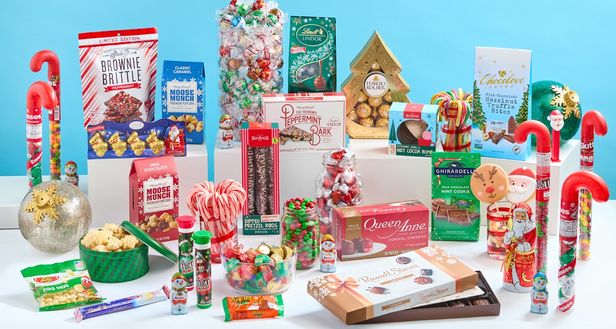 Christmas candy, treats & snacks: Reese's Trees, Lindor Lindt, Ghiradelli, and Ferrero Rocher chocolates, PEZ candy, candy canes,  Moose Munch, peppermint bark, cookie pops & more,
