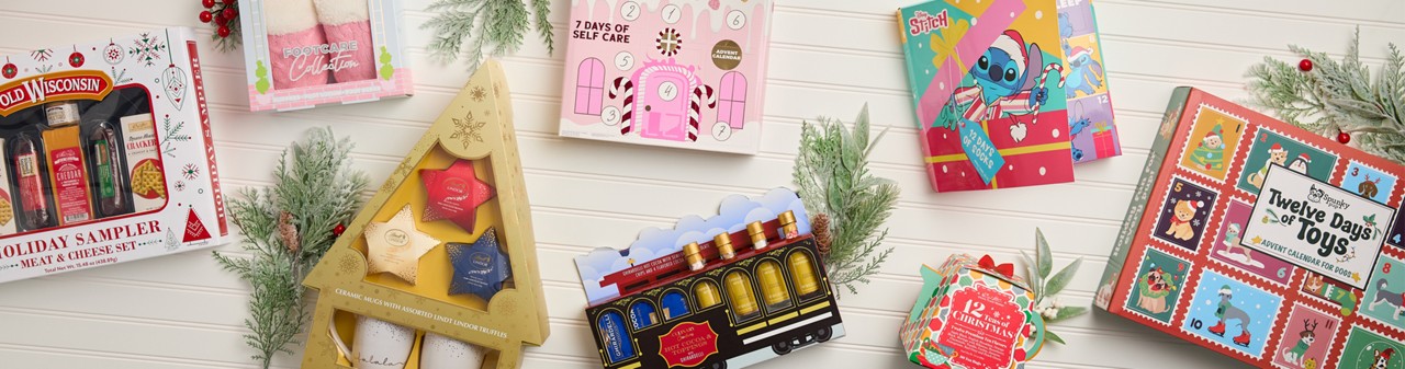 Gift sets from pOpshelf: Lindor Truffles & Mugs, Cheese & Sausage, Footcare Collection, 7 Days of Self Care, Stitch 12 Days of Socks, 12 Days of Pet Toys & more.