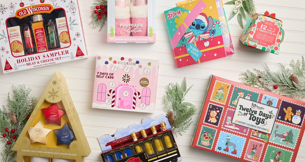 Gift sets from pOpshelf: Lindor Truffles & Mugs, Cheese & Sausage, Footcare Collection, 7 Days of Self Care, Stitch 12 Days of Socks, 12 Days of Pet Toys & more.