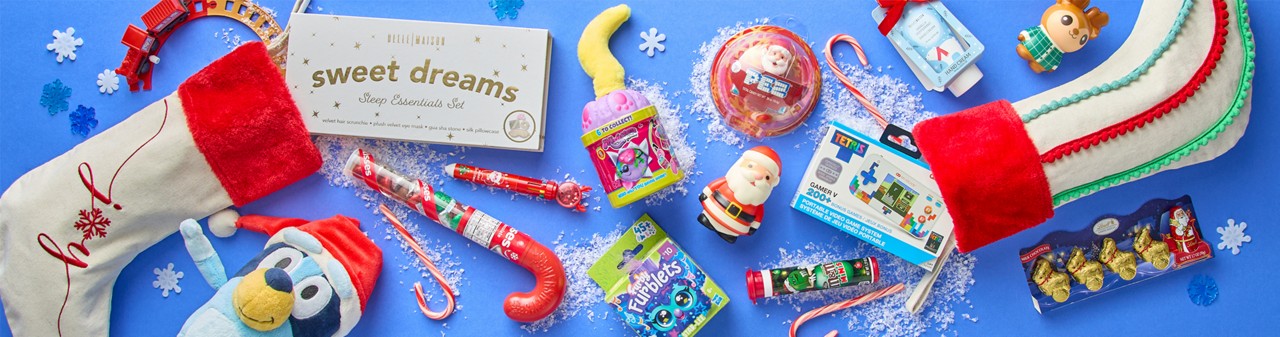 Stockings and stocking stuffers for all ages, from plush toys and stickers to beauty items, candy & more. 