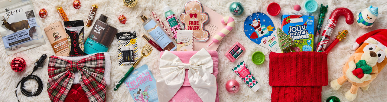 Stockings and stocking stuffers for all ages, from stuffed animals and novelty toys to beauty items, salty snacks, candy & more. 