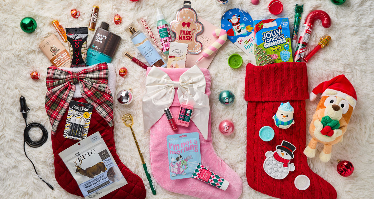 Stockings and stocking stuffers for all ages, from stuffed animals and novelty toys to beauty items, salty snacks, candy & more. 