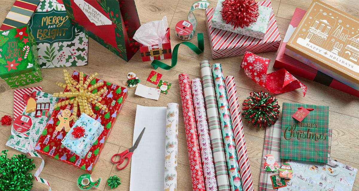 Christmas trim-a-gift with festive and affordable gift wrap, Christmas gift bags, tags, ribbon & bows.