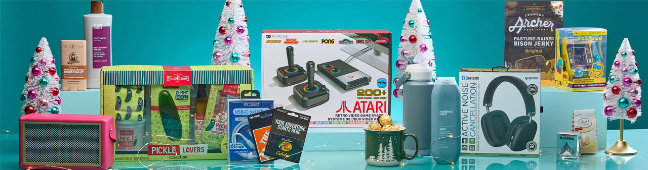 Gifts for men ifrom pOpshelf: 12 days of socks set, watter bottle, Atari set, shaving and boddy essentials & more.