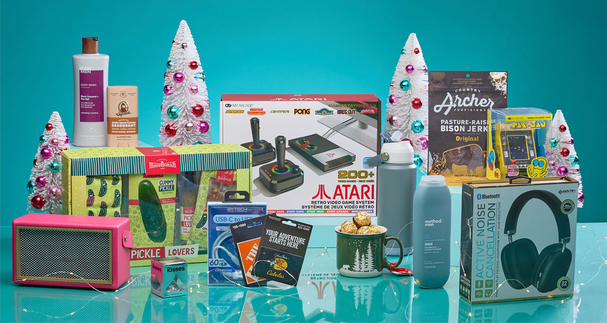 Gifts for men ifrom pOpshelf: 12 days of socks set, watter bottle, Atari set, shaving and boddy essentials & more.