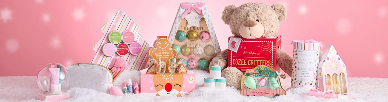 Beauty gift ideas: Cozee Critter aromatherapy plush, bath bomb gift set, lip set, reindeer eye mask & more.