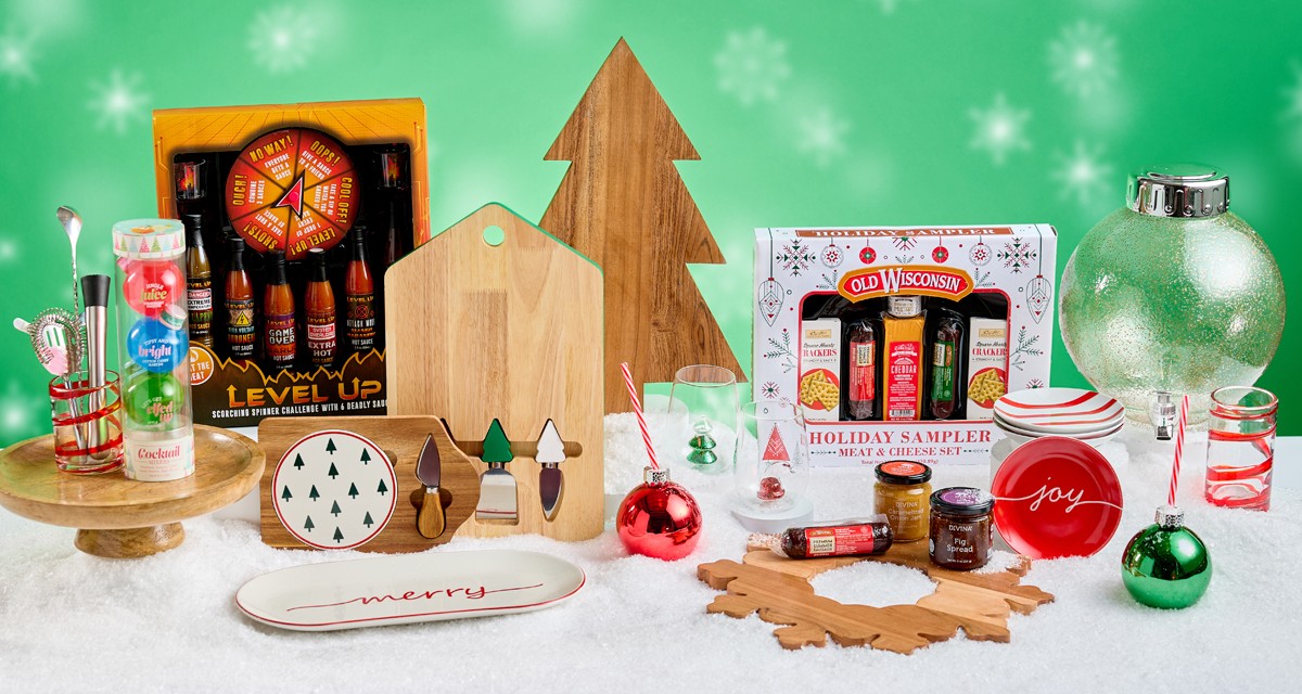 Gift ideas for the entertainer from pOpshelf: Cheese & Sausage gift set, wine glasses, wooden charcuterie boards, bar essentials, hot sauce set & more.