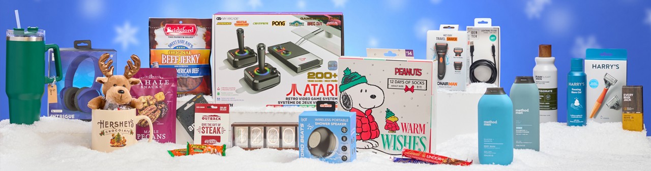 Gifts for men ifrom pOpshelf: 12 days of socks set, watter bottle, Atari set, shaving and boddy essentials & more.