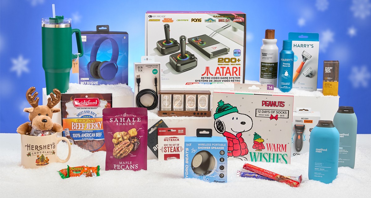Gifts for men ifrom pOpshelf: 12 days of socks set, watter bottle, Atari set, shaving and boddy essentials & more.
