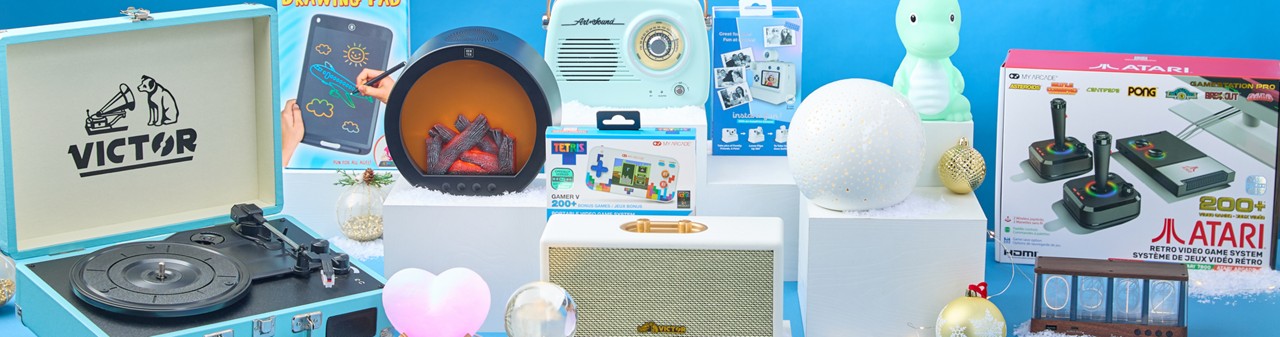 Electronic gifts from pOpshelf: Victor record player, mini fireplace, Atari, bluetooth speaker, drawing pad, karaoke machine & more.tre: purse speaker, headphones, mini mic, LED light strip & more.