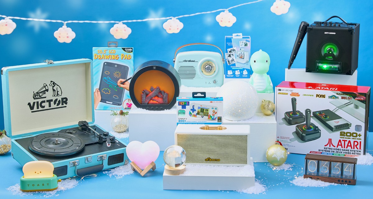 Electronic gifts from pOpshelf: Victor record player, mini fireplace, Atari, bluetooth speaker, drawing pad, karaoke machine & more.tre: purse speaker, headphones, mini mic, LED light strip & more.