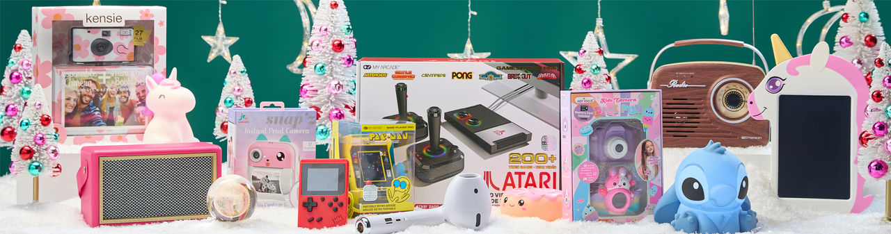 Electronic gifts from pOpshelf: Atari gaming system, bluetooth speaker, instant print camera, karaoke machine & more.