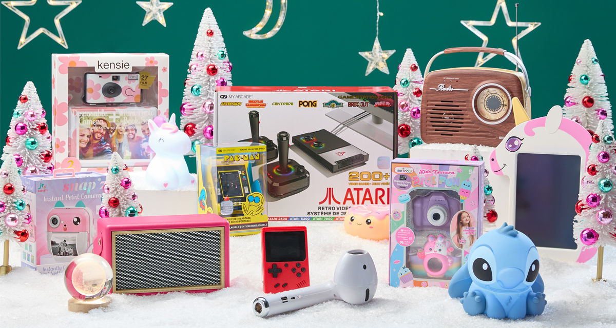 Electronic gifts from pOpshelf: Atari gaming system, bluetooth speaker, instant print camera, karaoke machine & more.