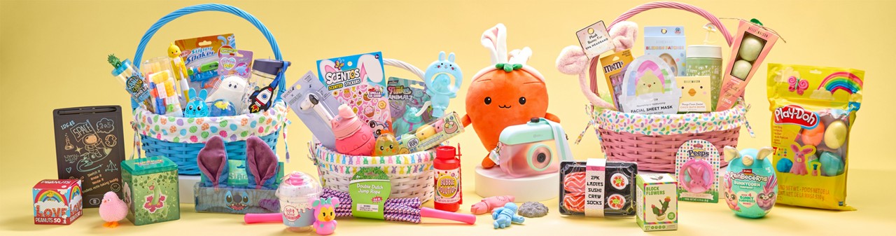 Cool Easter basket stuffers for all ages from pOpshelf: Carrot bunny plush, bear ears spa headband, bath fizzers, toys, squishies & more.