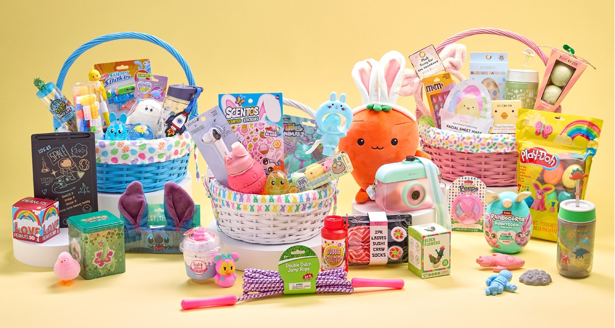 Cool Easter basket stuffers for all ages from pOpshelf: Carrot bunny plush, bear ears spa headband, bath fizzers, toys, squishies & more.