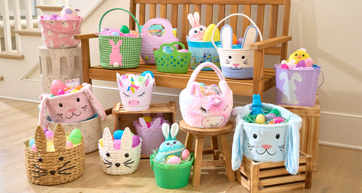 Various Easter basket styles from pOpshelf filled with Easter grass and eggs.