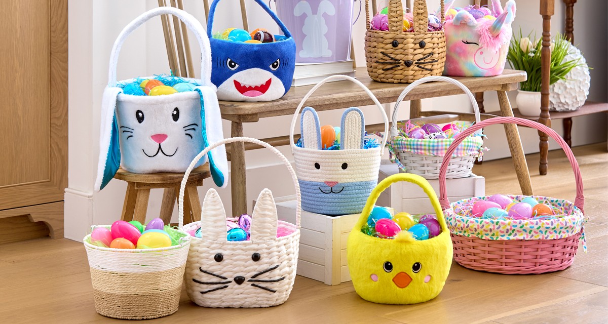 Various Easter basket styles from pOpshelf filled with Easter grass and eggs.
