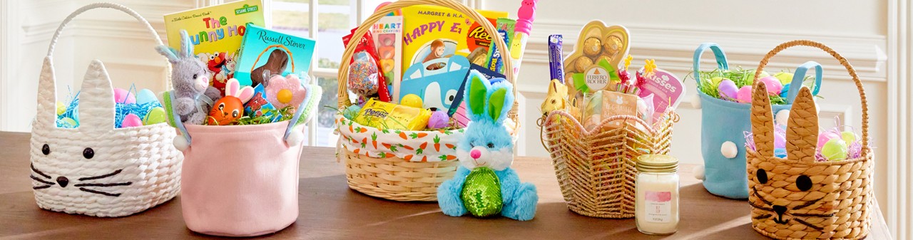Various Easter basket styles from pOpshelf filled with Easter grass, plush, chocolate bunnies, candy & other baskets stuffers. 