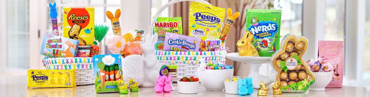 Easter candy & treats from pOpshelf: Reese's bunny, Ferrero Rocher bunny gift, Peeps, Lindt Gold Bunny & bagged candy, and more.