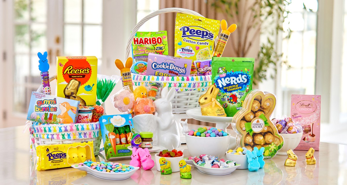 Easter candy & treats from pOpshelf: Reese's bunny, Ferrero Rocher bunny gift, Peeps, Lindt Gold Bunny & bagged candy, and more.